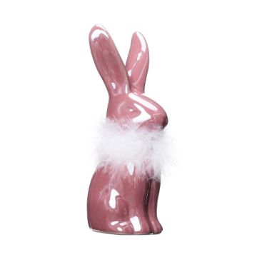 Easter bunny pink with feathers, ceramic figurine 15cm