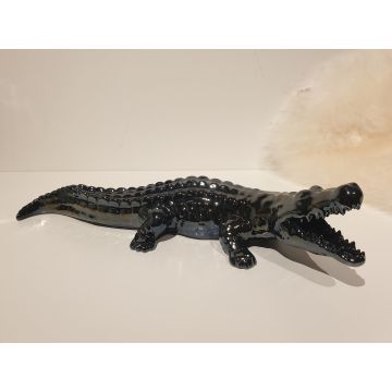 Mini crocodile porcelain figurine 33x9 cm shiny metal