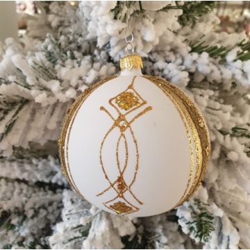 Christmas bauble, 10cm, white/gold, glass bauble, Christmas decoration