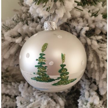 Christmas bauble, 8cm, white, fir motif, glass bauble, Christmas decoration