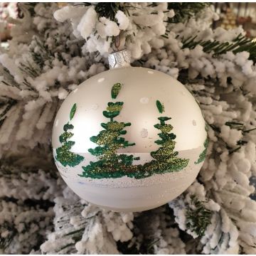 Christmas bauble, 10cm, white, fir tree motif, glass bauble, Christmas decoration