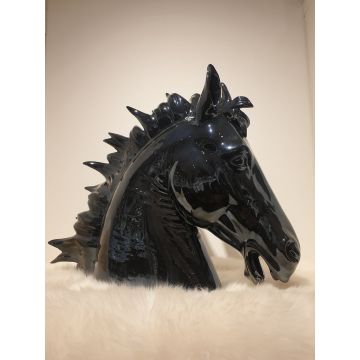 Tête de cheval en porcelaine debout 50x40cm noir métallique