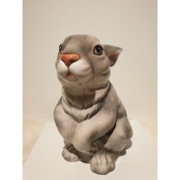 Grey/red colored rabbit, porcelain figurine 26cm