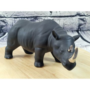 Nashorn Porzellanfigur schwarz matt Hörner versilbert 14x28cm