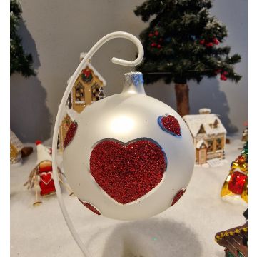 Weihnachtskugel, 10cm, Glaskugel, weiss mit Herz, Weihnachtsdekoration