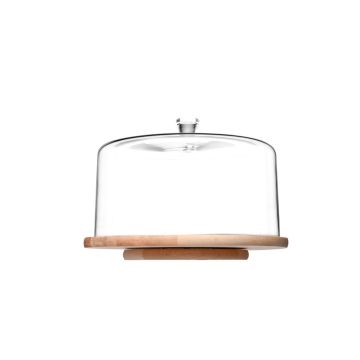 Glasglocke mit Holz Drehscheibe/brett Glashaube, Krosno, 33cm    