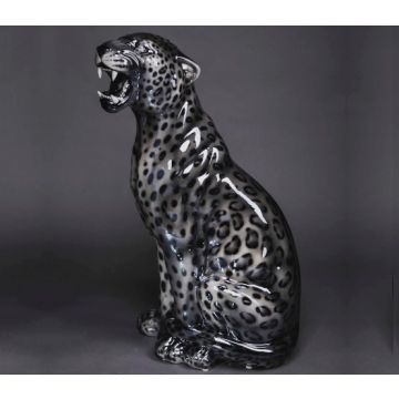 Léopard assis en gris 86cm, ligne de luxe, yeux Swarovski