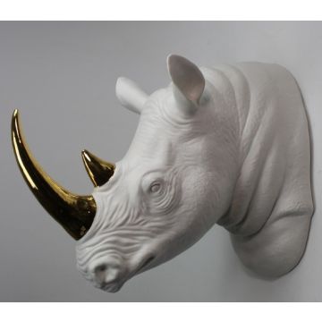 Rhinoceros porcelain figure wall decoration white/gold 45x57cm to hang up