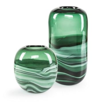 Glass vases set of 2, green/ malachite pattern, flower vase