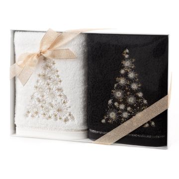 Weihnachtsdekoration Geschenk Set-2 Handtücher 50x90cm weiss und schwarz Tanne