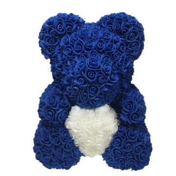 Rose bear approx. 40 cm royal blue, white heart