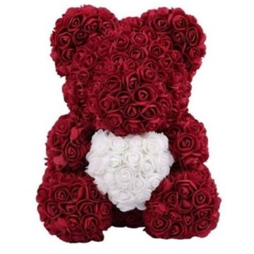 Ours rose ca 40 cm vin rouge, coeur blanc