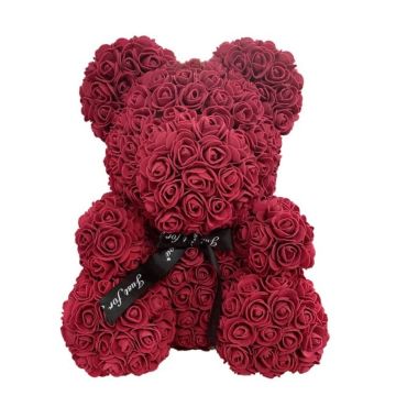 Ours rose ca 40 cm vin rouge, avec noeud