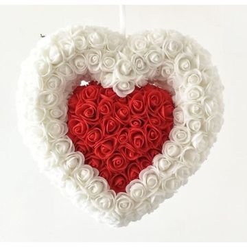 Cœur de rose 30cm blanc/rouge, roses artificielles