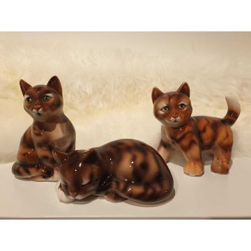 Cat trio tabby standing/sitting/lying porcelain figurine up to 15cm