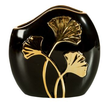 Vase décoratif Ginkgo, 25x24cm, noir/or