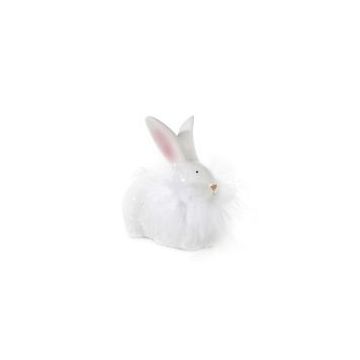Lapin de Pâques avec plumes, figurine en céramique 14x14cm oreilles rose clair couché
