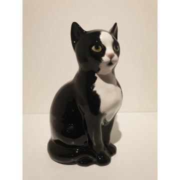 Chat noir/blanc figurine en porcelaine assise 28 cm
