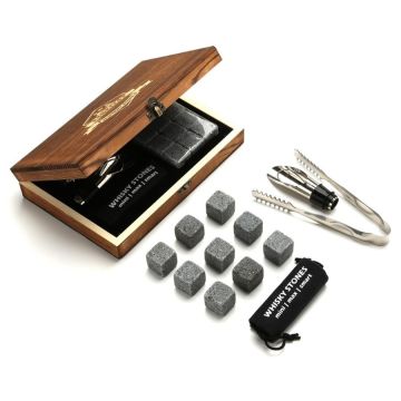Whisky stones set cooling stones with tongs, wooden box and drop stop
