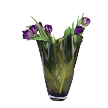 Glass vase, tulip vase 30x21cm, flower vase, handmade olive green