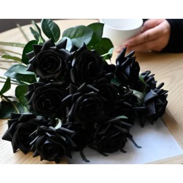 Rosen in schwarz Kunstblume 43-44cm, wie echt, real touch, Premium (Seide/Silikon)